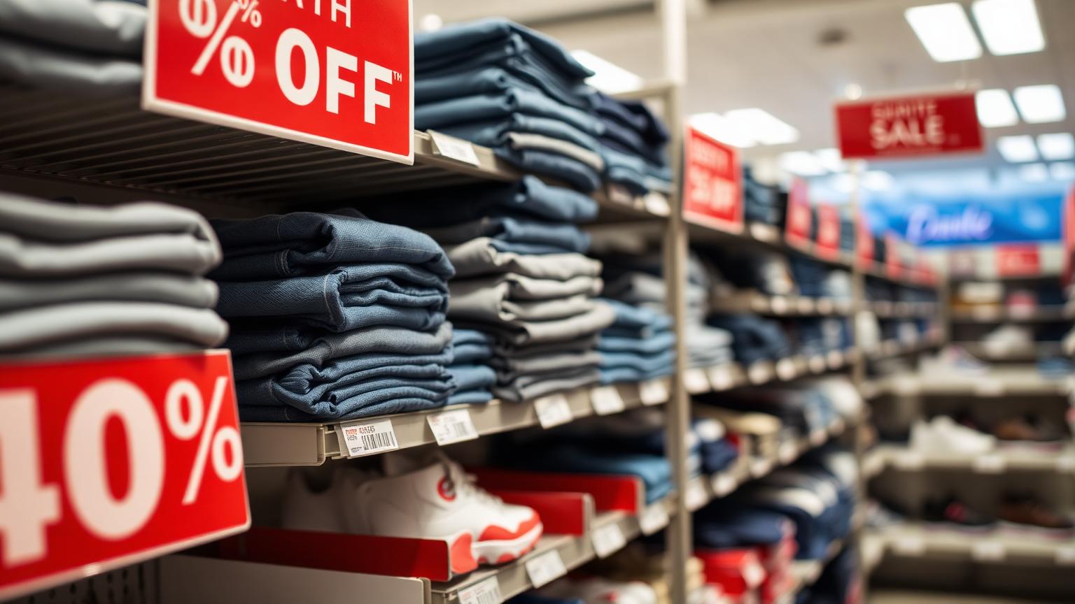Outlet clearance racks with percent-off signage