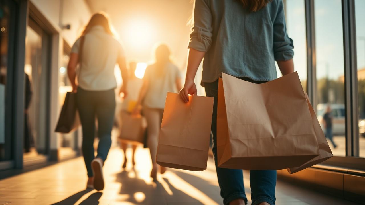 Bambu outlet storefront — shoppers carrying bags along a sunlit walkway