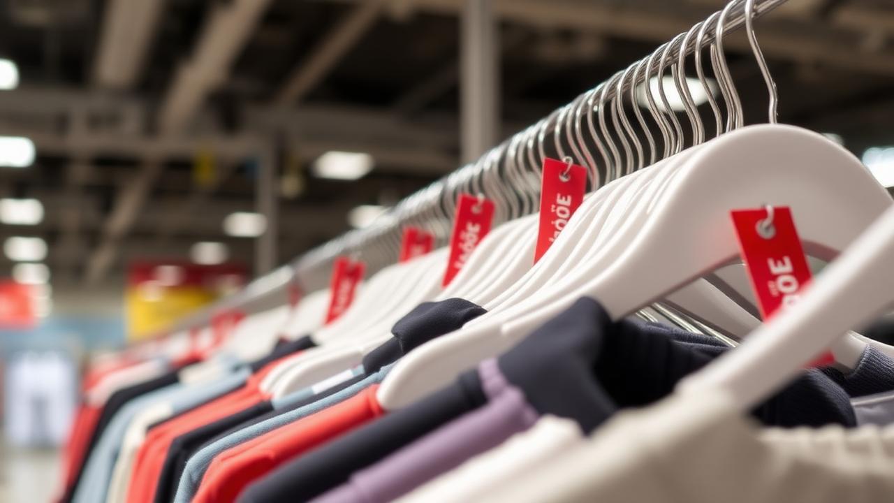 clearance rack hung with red markdown tags