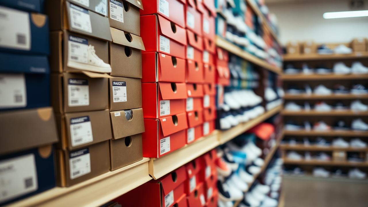 7Brew outlet storefront — outlet shoe wall stacked with boxes