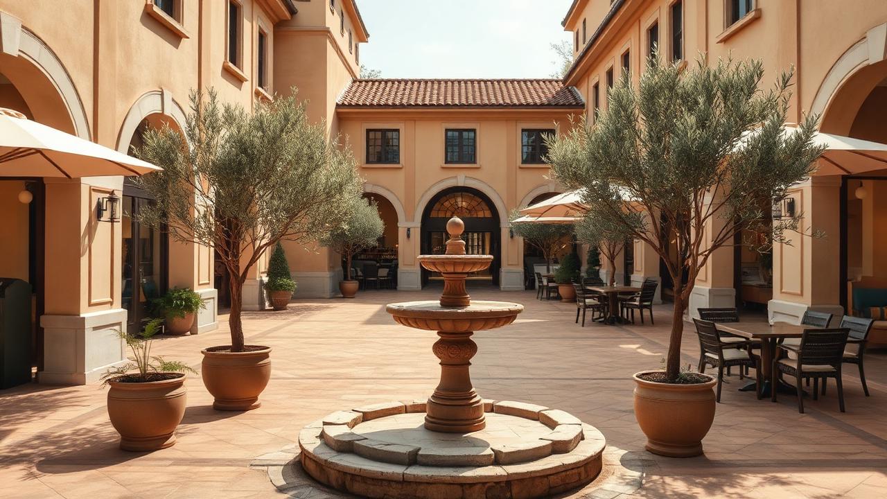 Ulta outlet storefront — upscale outlet courtyard with a stone fountain
