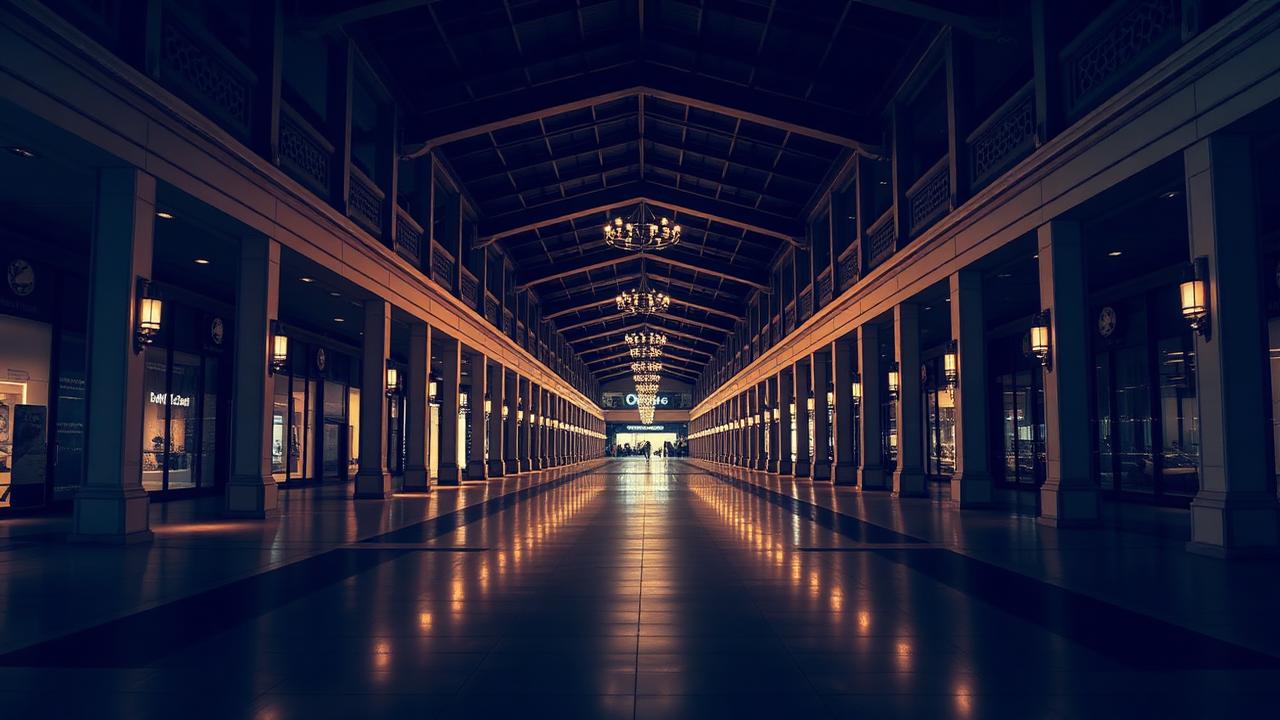 Chloe outlet storefront — premium outlet colonnade lit at night