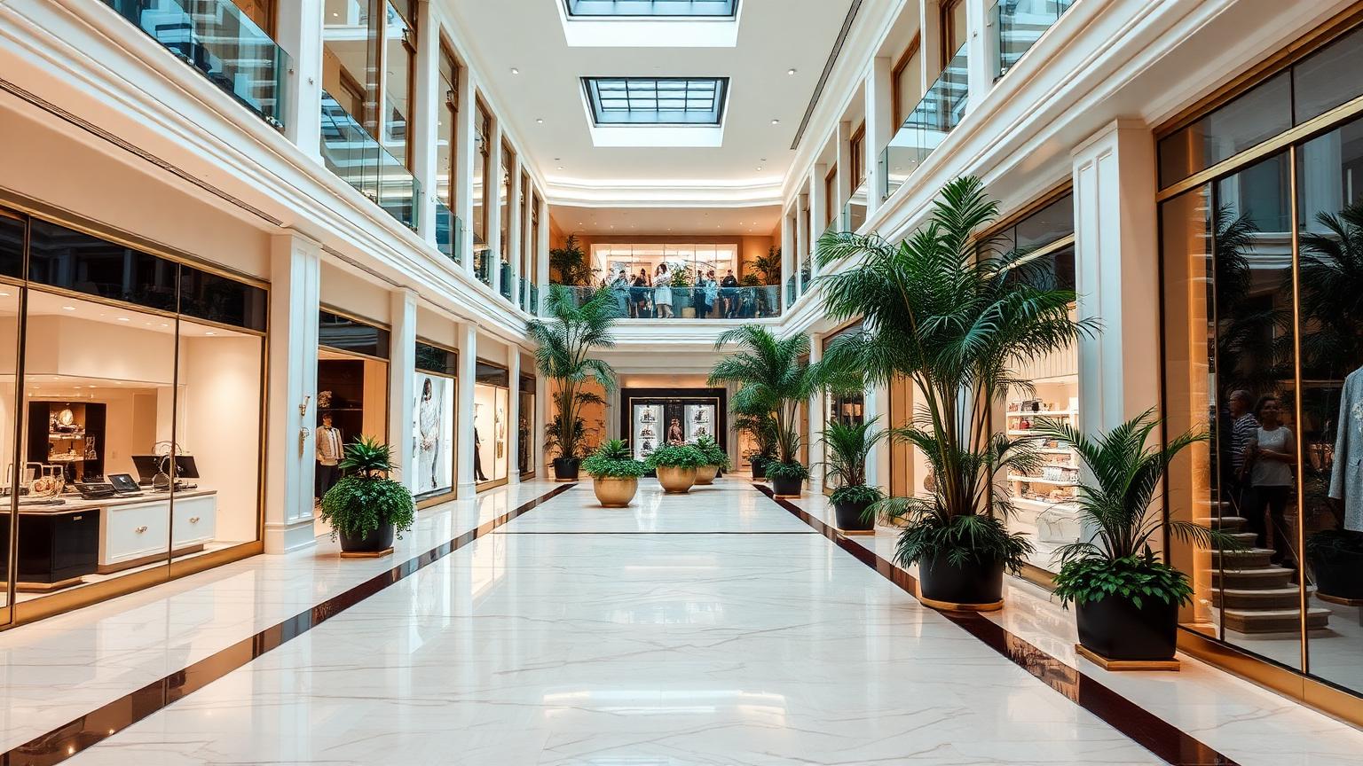 ASICS outlet storefront — luxury mall atrium with marble floors