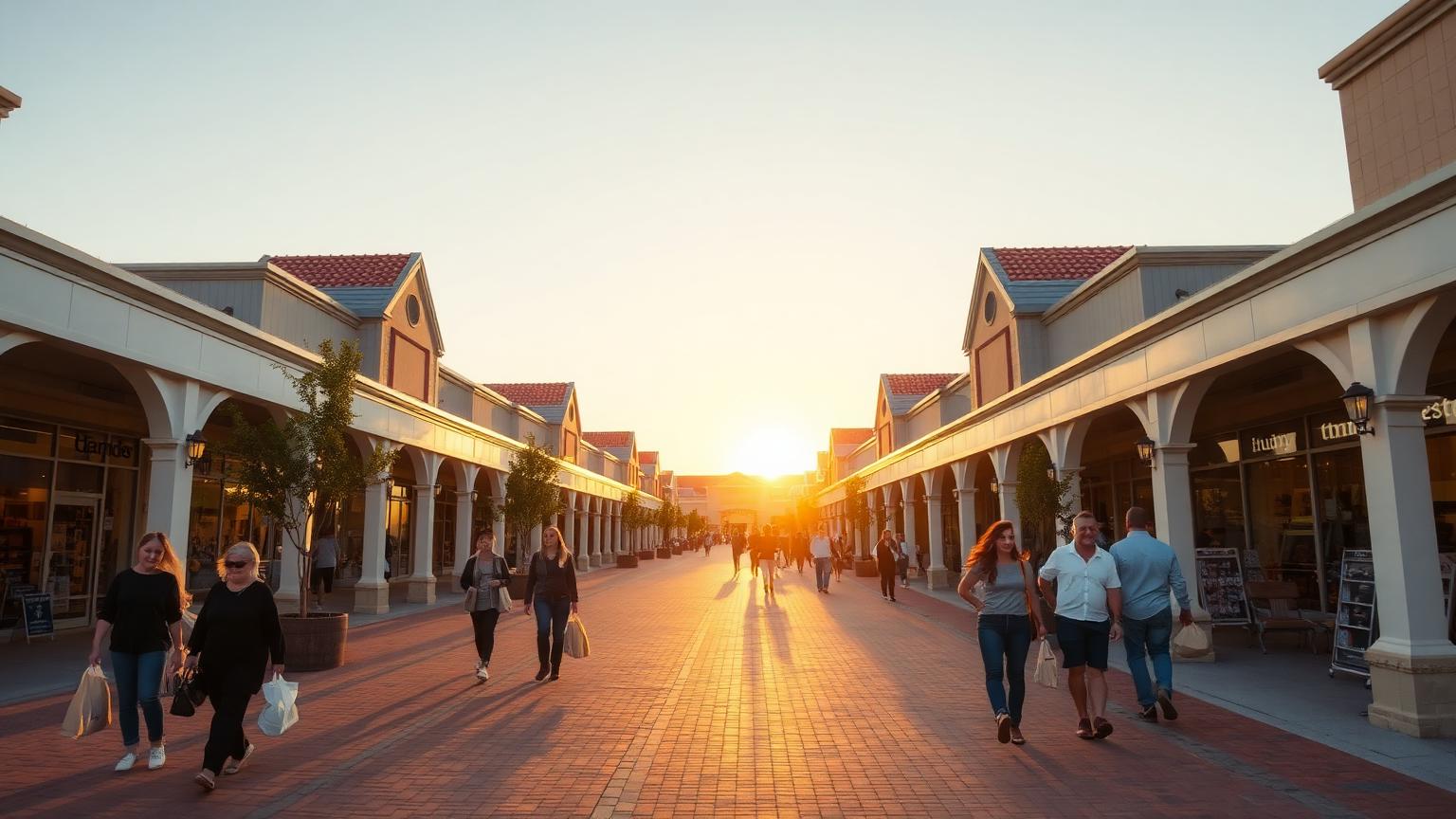 Shoppers at an open-air outlet village at golden hour