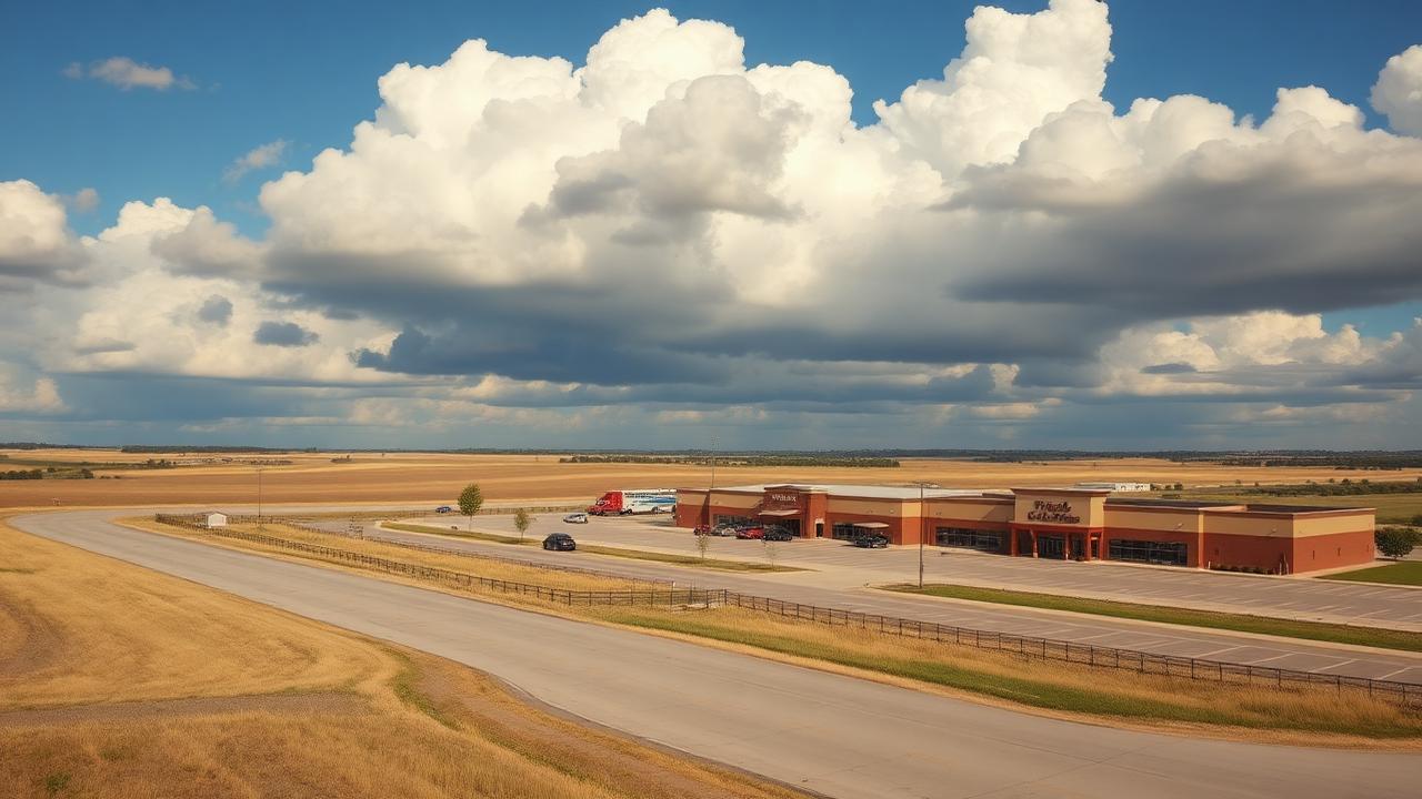 Houston Premium Outlets — prairie-edge outlet center under a wide sky