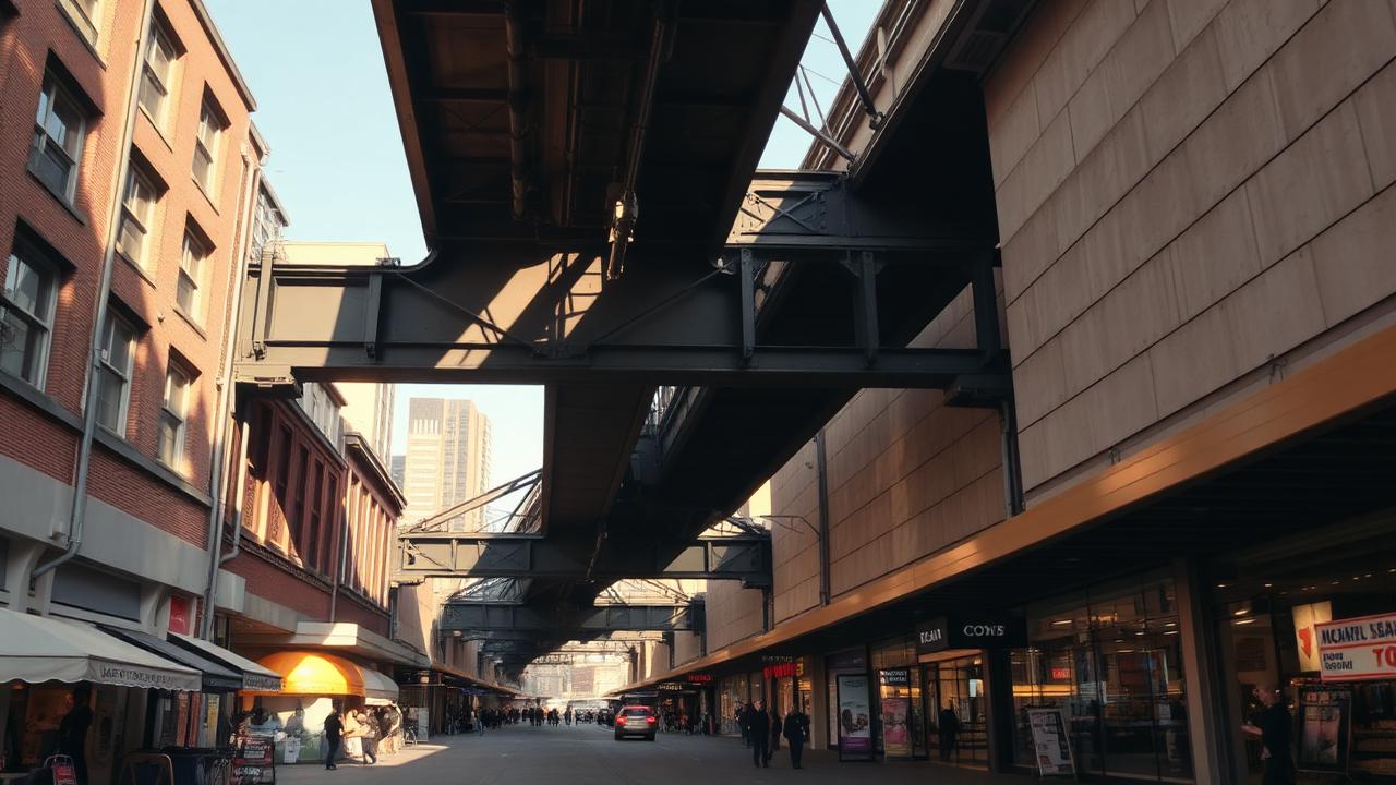 Woodbury Common Premium Outlets — city outlet shops beneath a rail viaduct
