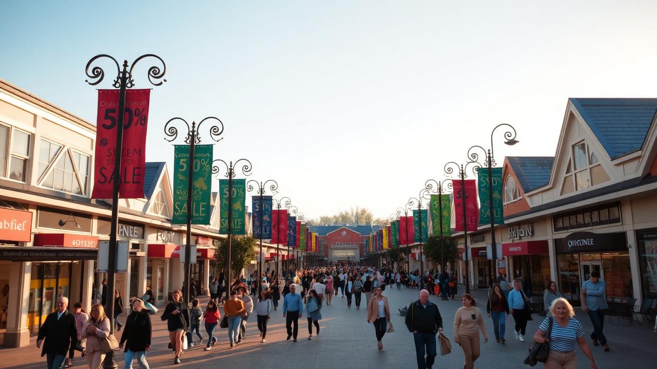 Calhoun Outlet Marketplace — outlet village lined with sale banners
