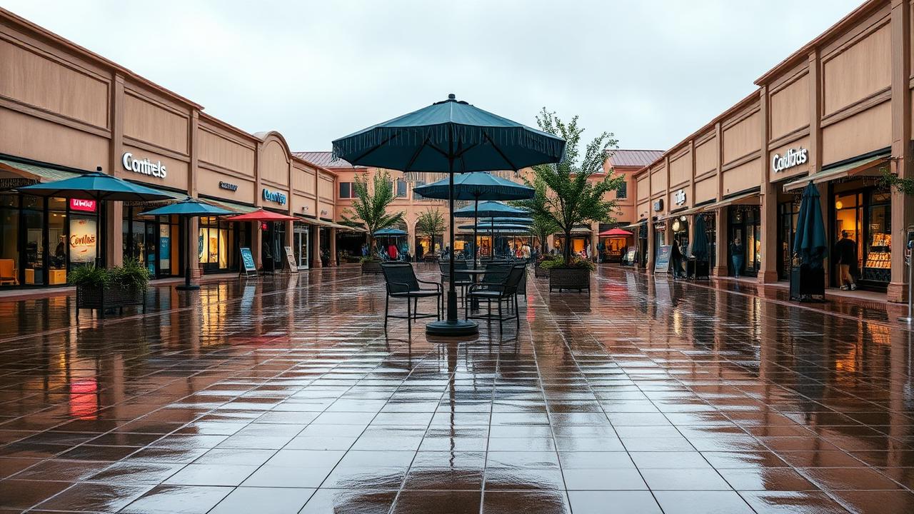 Aurora Farms Premium Outlets — rain-washed outlet village colonnade